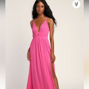Lulu’s Hot Pink Swiss Dot Sleeveless and Backless Maxi Dress